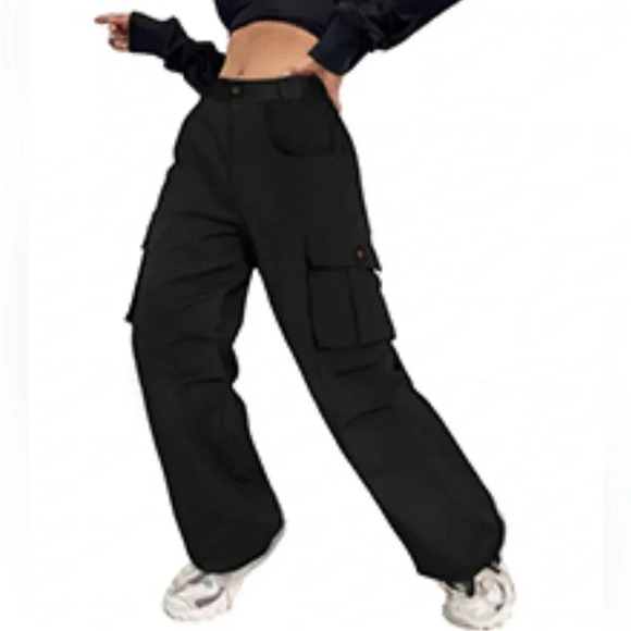 LOLOCCI Women’s Cotton Cargo Drawstring High Waisted Ankle Cuffs Joggers Blck XL - Picture 1 of 7